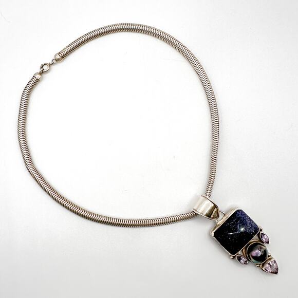 Multi Gem w Forstner Sterling Silver Choker Blue Goldstone Blck Pearl Amethyst - Picture 6 of 11